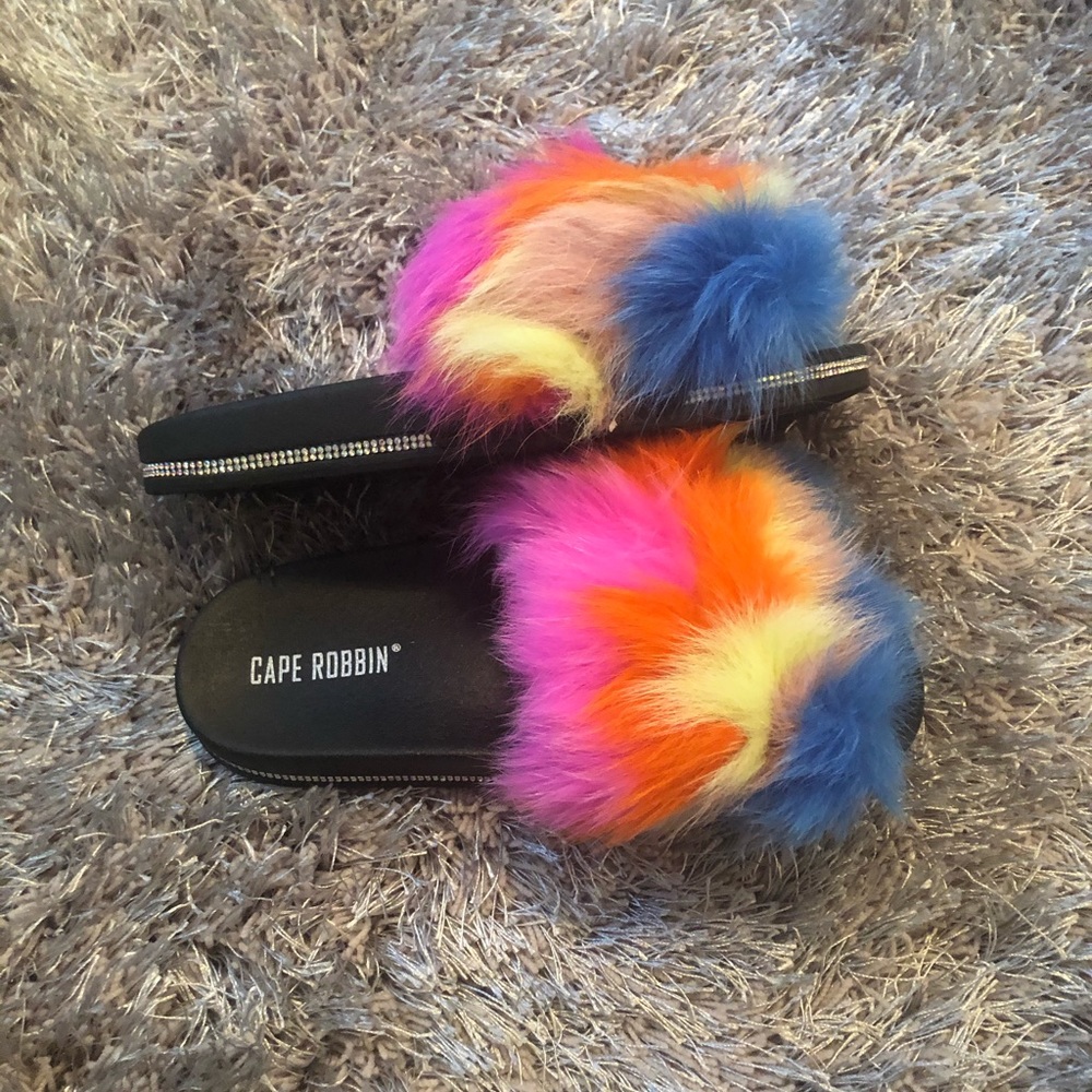 Rainbow Fur Rhinestone Slides